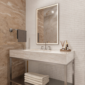 Radiance lighted mirror with perimeter inward-facing front-lit directional lighting to provide superior clarity and the most vivid face illumination available. 