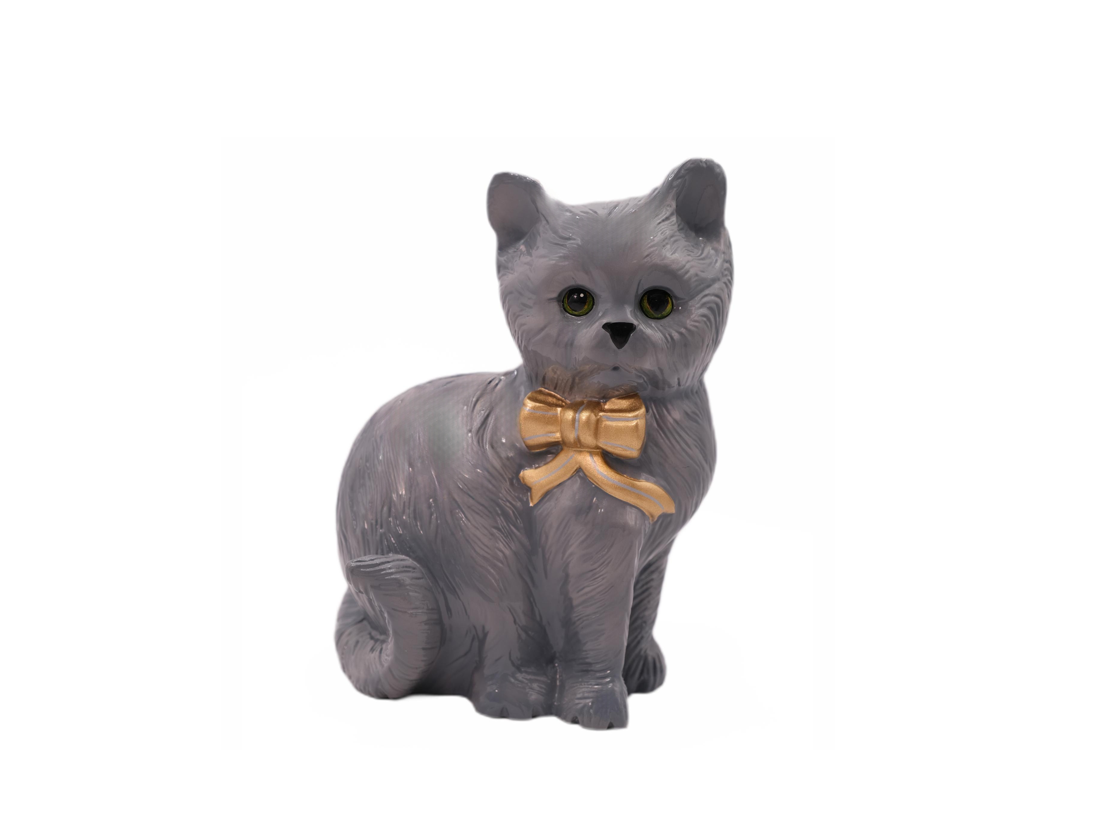 Yukari Cat - Friendly 3-D Kitty.  Handmade from carved Acacia wood with hand-painted detail in grey with green eyes & golden bow.