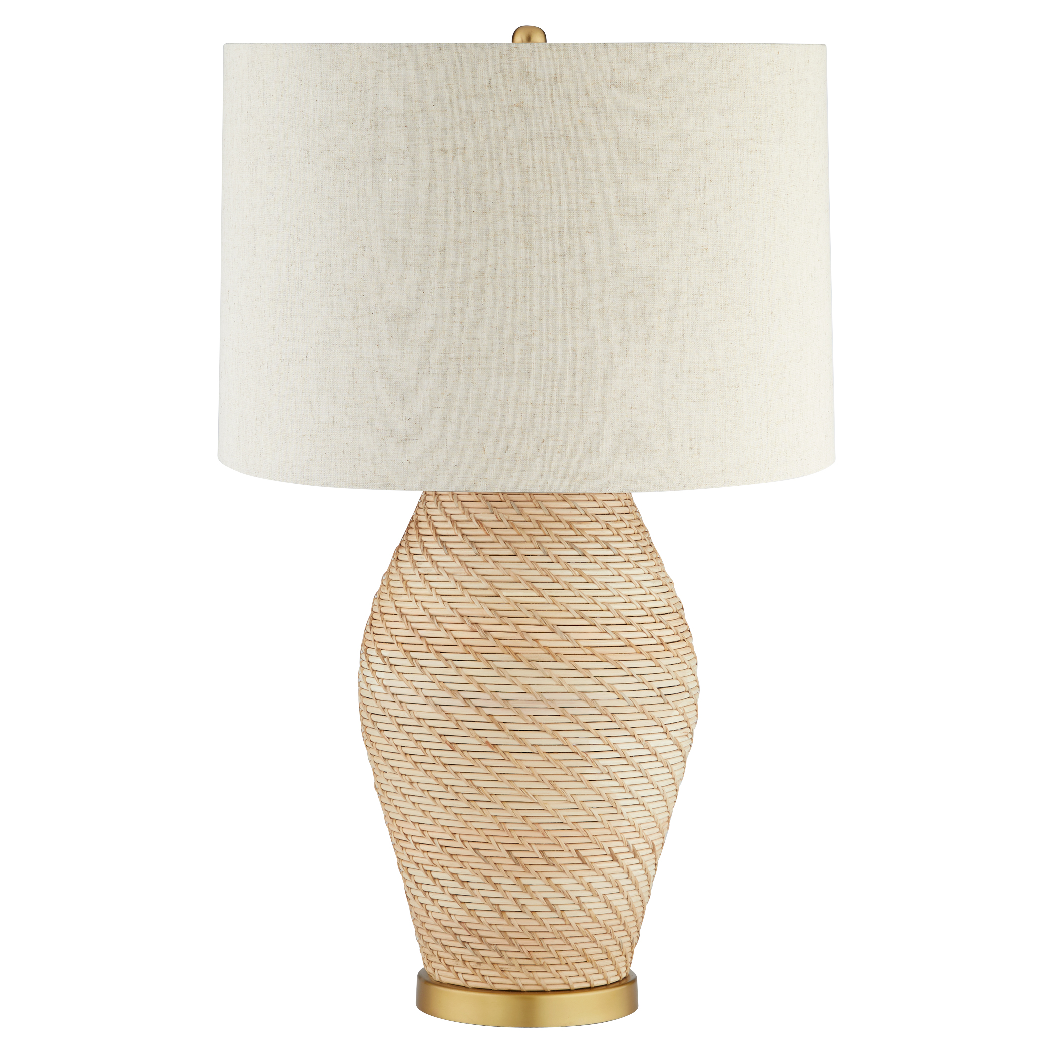 Hand-coiled rattan gives the Rotin Table Lamp a natural appeal, while antique brass accents provide a sophisticated touch.