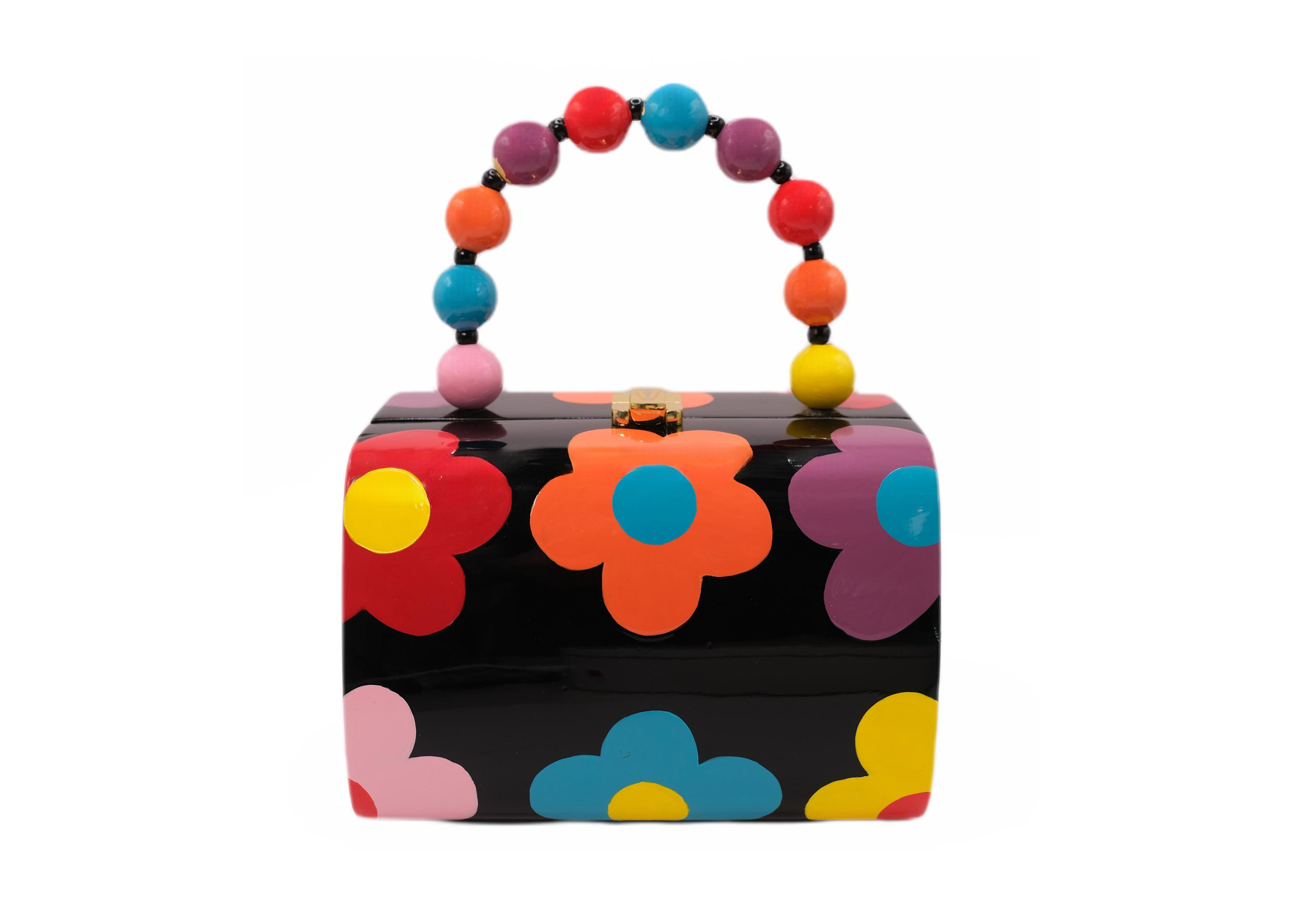 Polyanna Bag. Colorful Handbag with flowers design. Handmade from carved Acacia wood with hand-painted details.TW Metal Closure, Black Lining and & Top Multicolor beaded Handle.