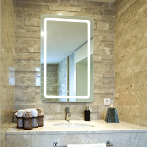Aria lighted mirror with one continuous line of light framing the interior of the mirror behind frosted glass with 1.5” Radius Corners and polished edge.