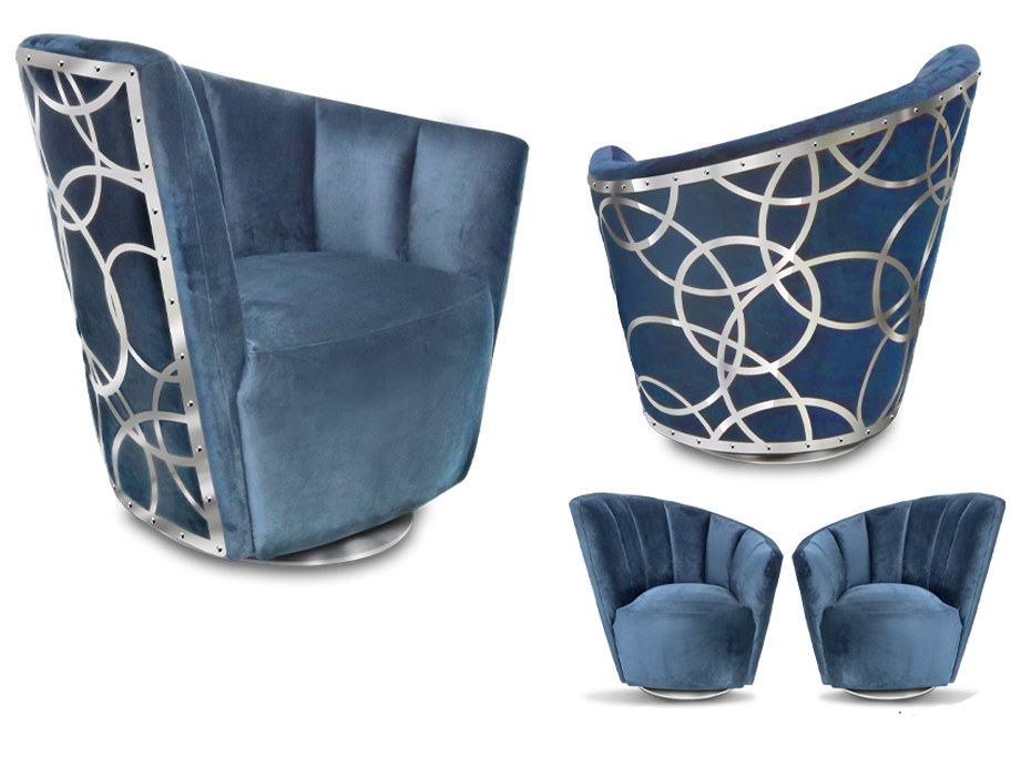 Elegant blue velvet with stainless steel accent chair with swivel leg, size: W34"D27"H32", inside depth: 19.5"