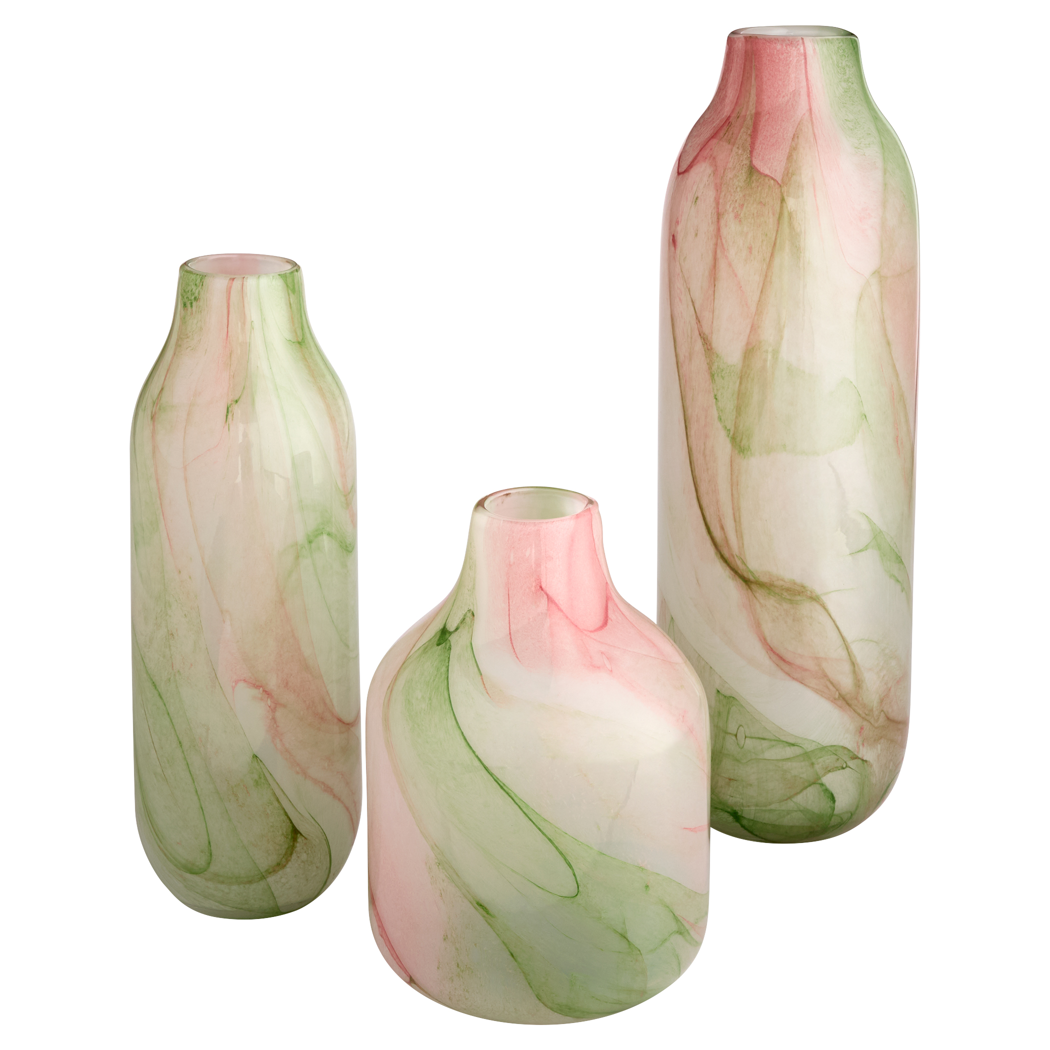 The Fern vases showcase opalescent white swirled glass, accented by soft green swirls and hints of rose-colored wisps. 